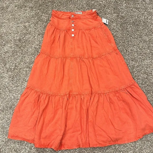 💗 Free People We The Free Denim Dreamweaver Tiered Maxi Skirt Fire Orange