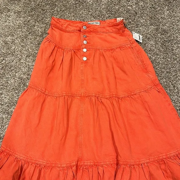 💗 Free People We The Free Denim Dreamweaver Tiered Maxi Skirt Fire Orange