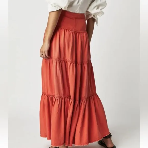 💗 Free People We The Free Denim Dreamweaver Tiered Maxi Skirt Fire Orange