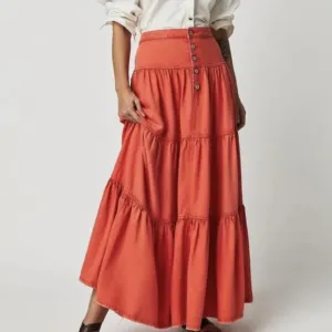 💗 Free People We The Free Denim Dreamweaver Tiered Maxi Skirt Fire Orange