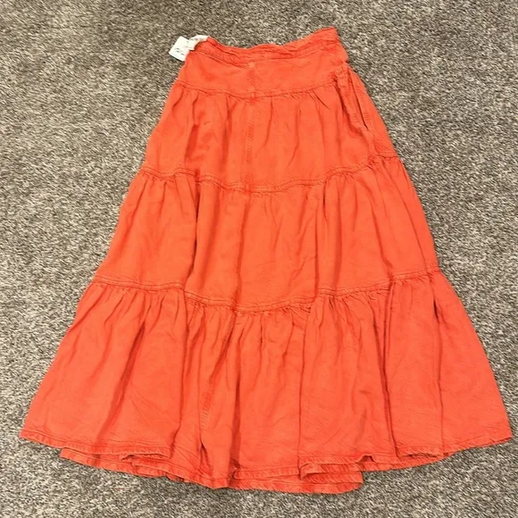 💗 Free People We The Free Denim Dreamweaver Tiered Maxi Skirt Fire Orange