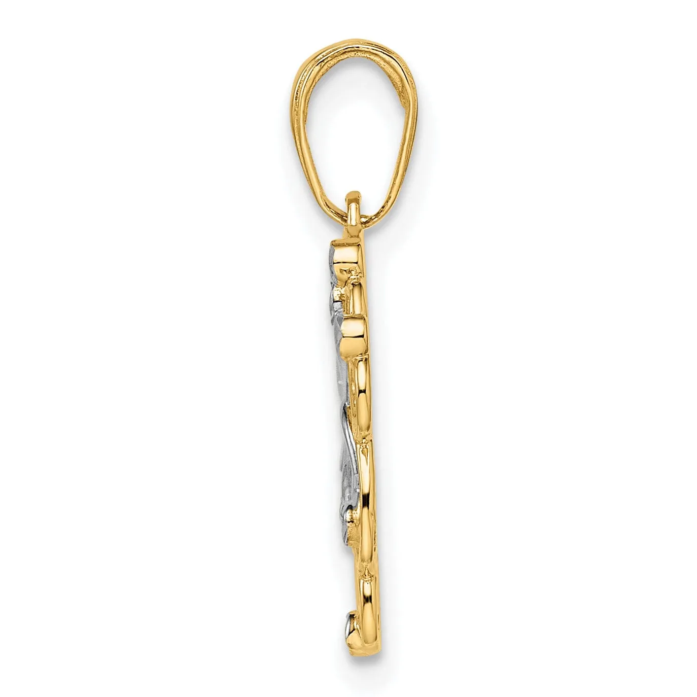 14k Yellow Gold and White Rhodium Casted Flat Back Solid Polished Finish Diamond-cut Floral Charm Pendant