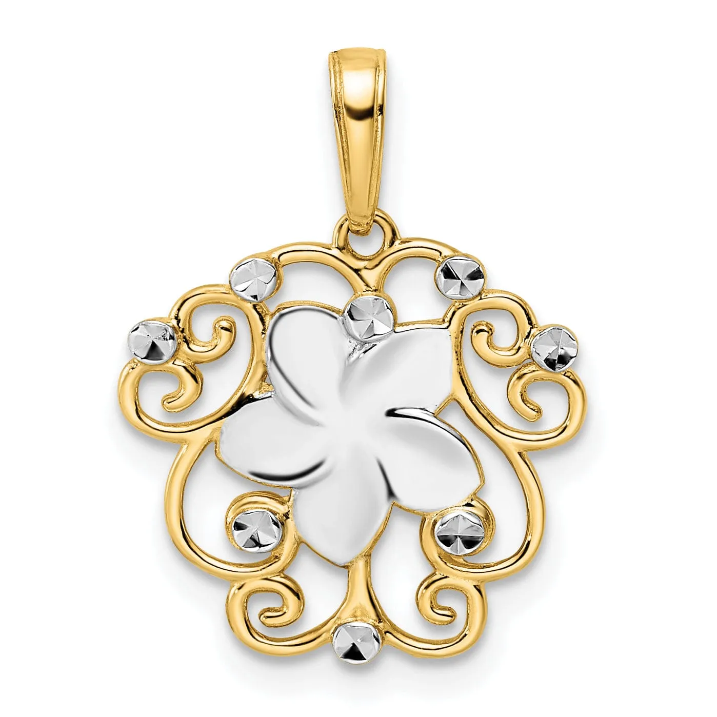 14k Yellow Gold and White Rhodium Casted Flat Back Solid Polished Finish Diamond-cut Floral Charm Pendant