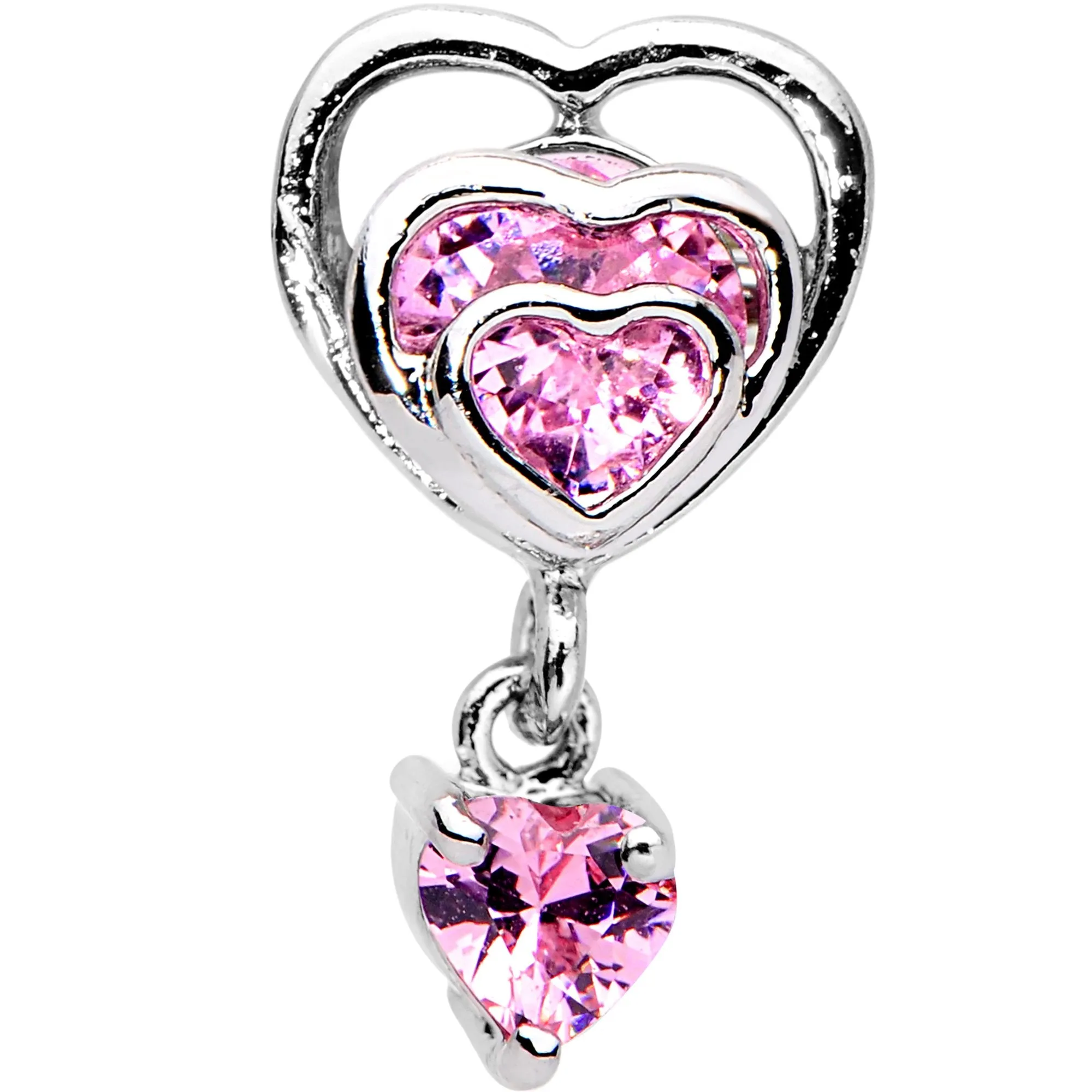 16 Gauge 1/4 Pink CZ Gem Triple Heart Dangle Cartilage Tragus Earring