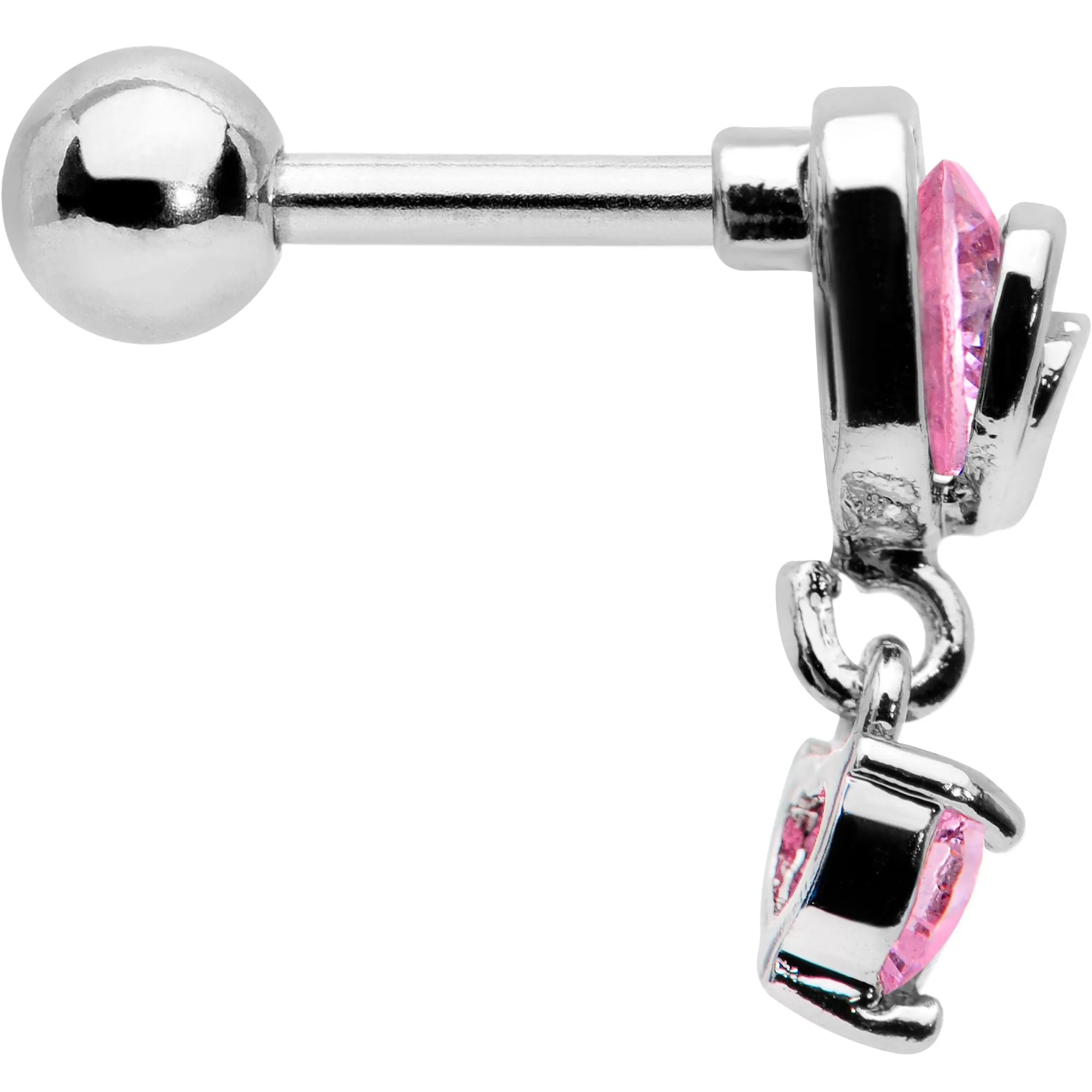 16 Gauge 1/4 Pink CZ Gem Triple Heart Dangle Cartilage Tragus Earring