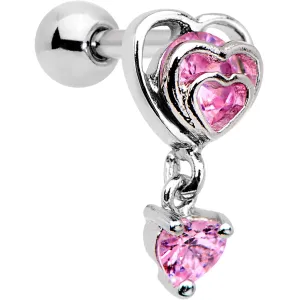 16 Gauge 1/4 Pink CZ Gem Triple Heart Dangle Cartilage Tragus Earring