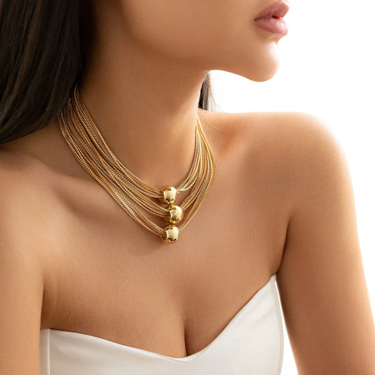 18K Gold-Plated Ball Layered Collar Necklace