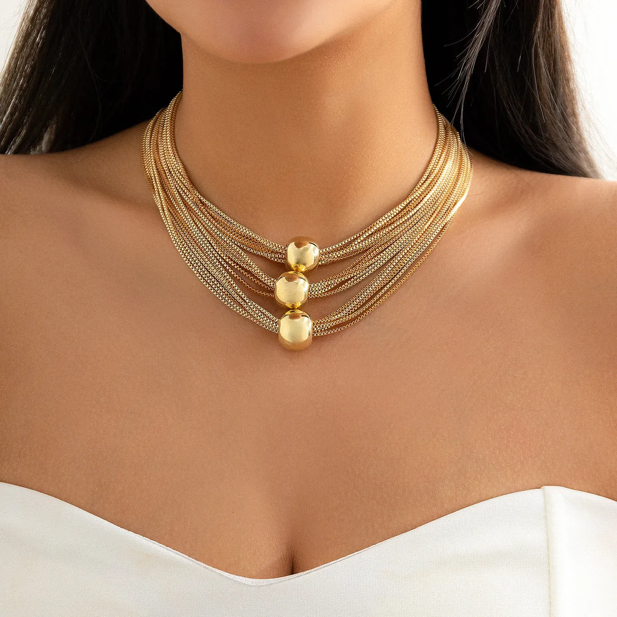 18K Gold-Plated Ball Layered Collar Necklace