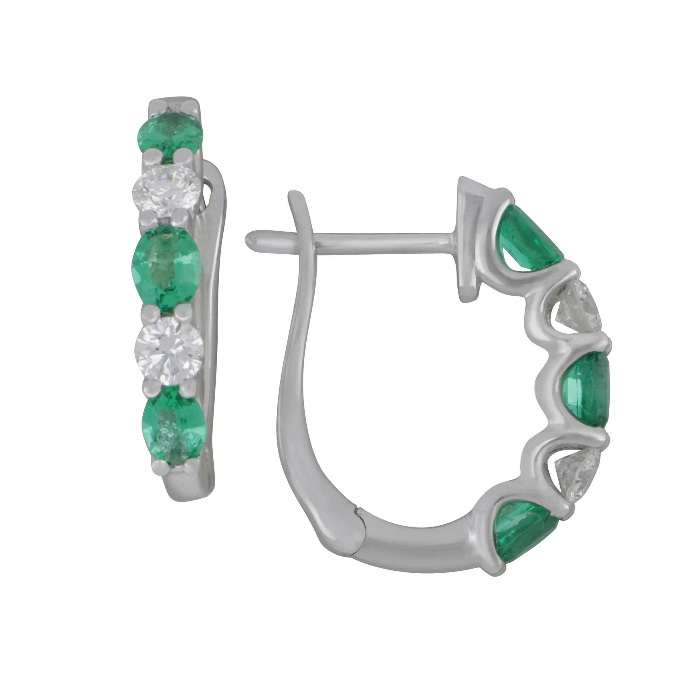 18k White Gold Alternating Emerald and Diamond 1/2 hoop earrings, EM=0.67tw D=0.35tw GH/SI