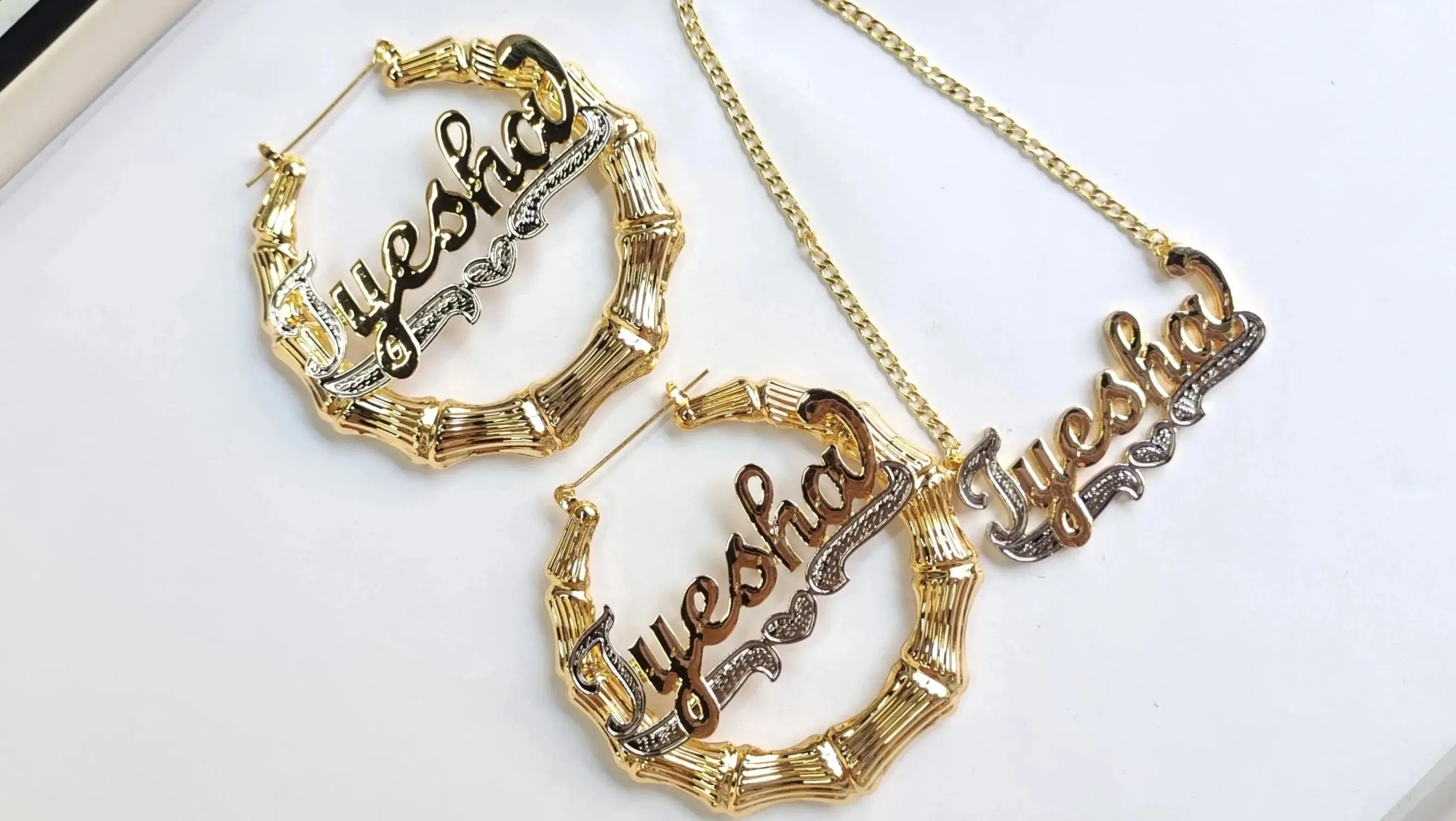 24K Custom Name Bamboo Earring & Necklace Set