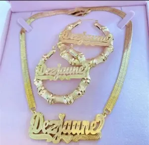 24K Custom Name Bamboo Earring & Necklace Set