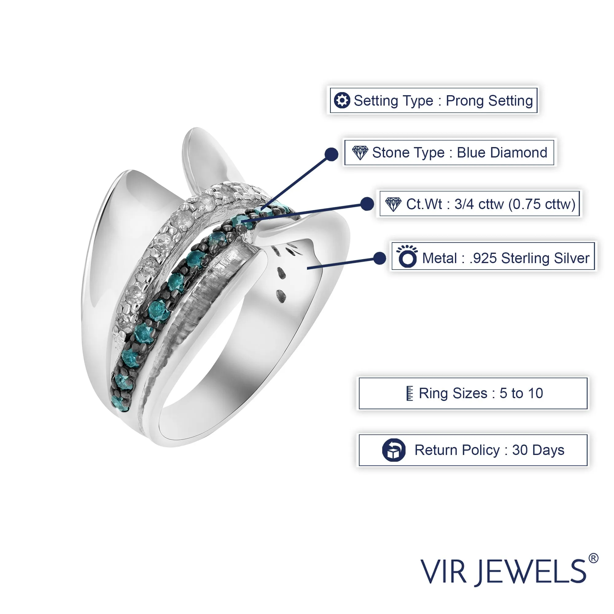 3/4 cttw White and Blue Diamond Statement Ring in Sterling Silver