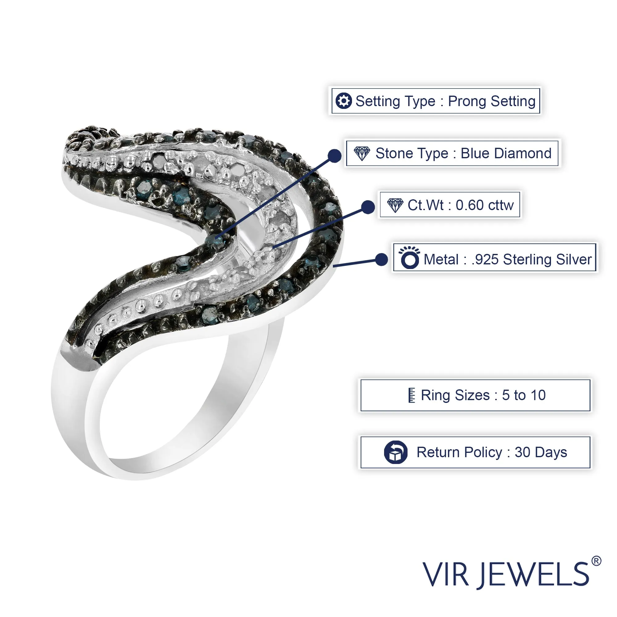 3/5 cttw Blue and White Diamond Statement Ring in Sterling Silver