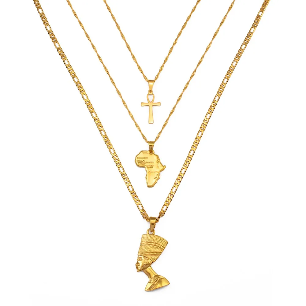 3pcs Necklaces Together Ankh Nefertiti Africa Map Pendant