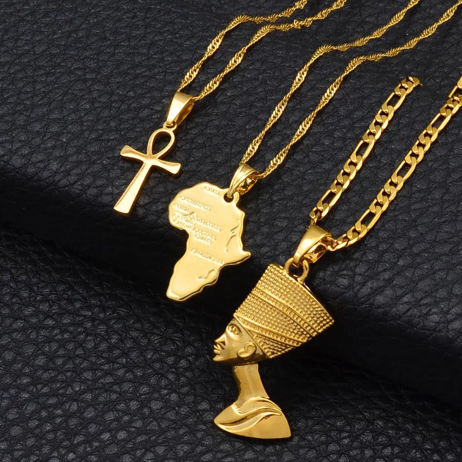 3pcs Necklaces Together Ankh Nefertiti Africa Map Pendant