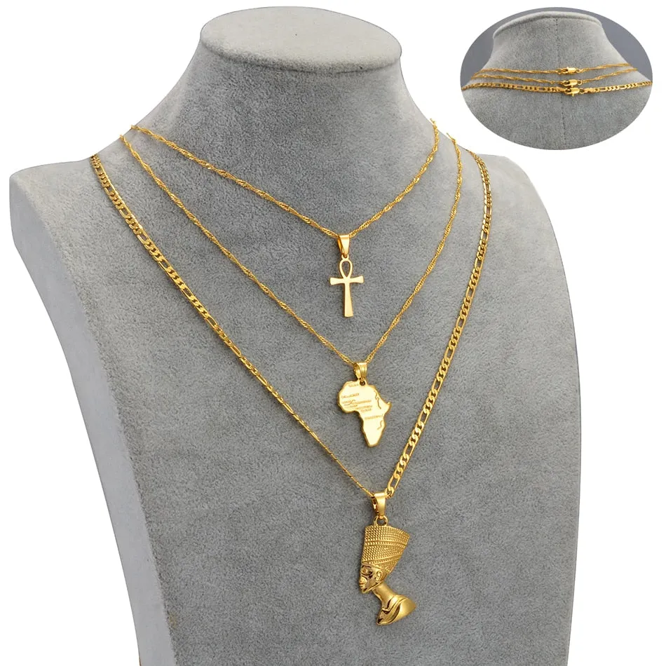 3pcs Necklaces Together Ankh Nefertiti Africa Map Pendant
