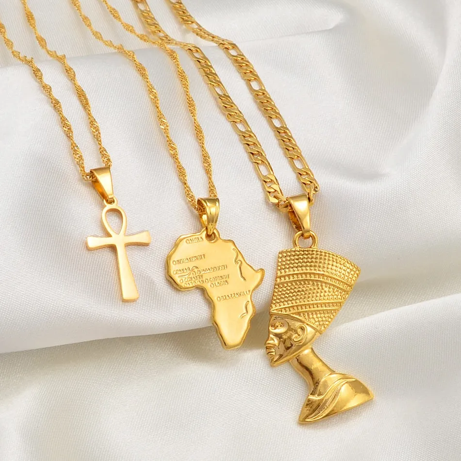 3pcs Necklaces Together Ankh Nefertiti Africa Map Pendant