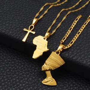 3pcs Necklaces Together Ankh Nefertiti Africa Map Pendant