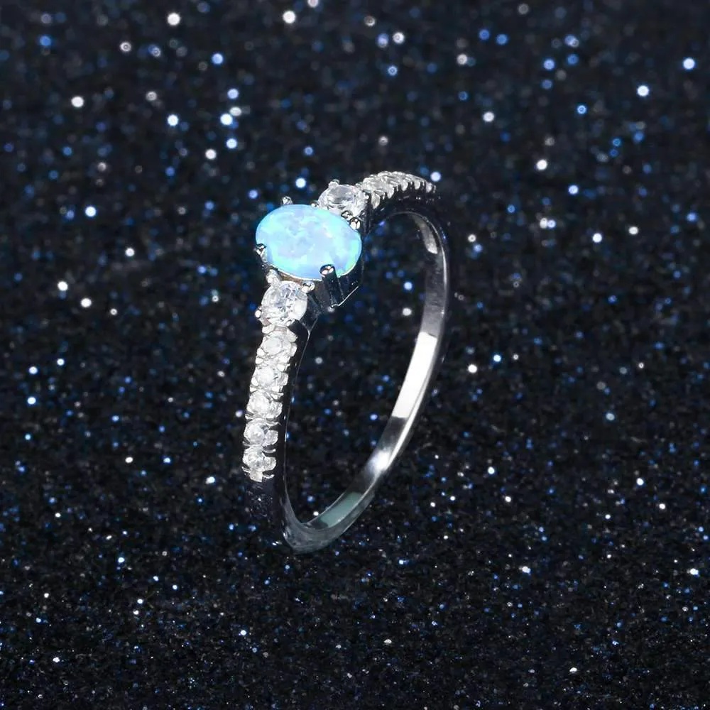 925 Sterling Silver Oval Blue Opal Stone Ring, Fashion Jewelry Gift for Women