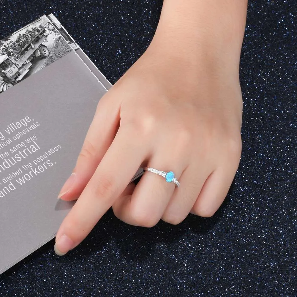 925 Sterling Silver Oval Blue Opal Stone Ring, Fashion Jewelry Gift for Women