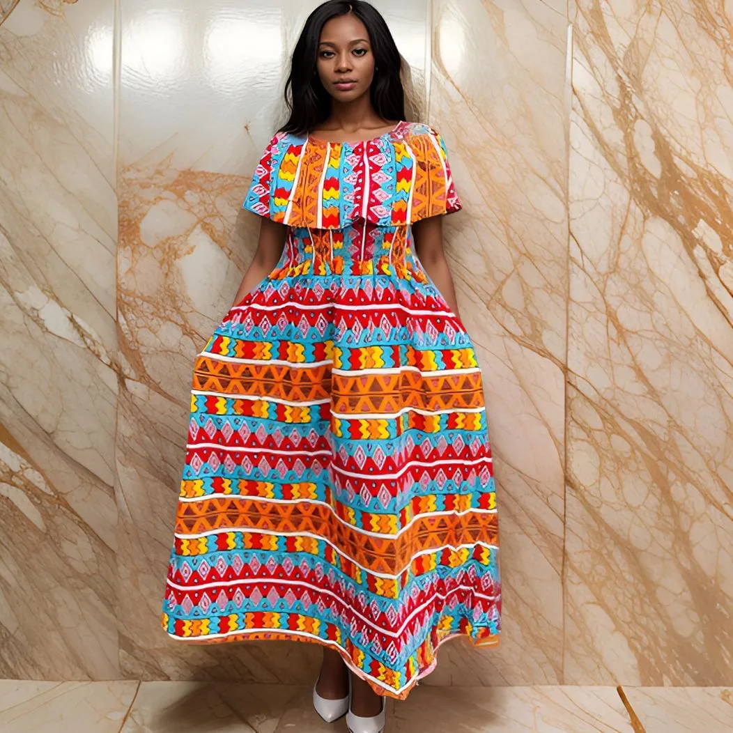 African Geometric Print Long Front Frill Dress