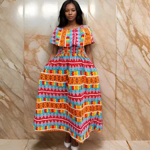 African Geometric Print Long Front Frill Dress