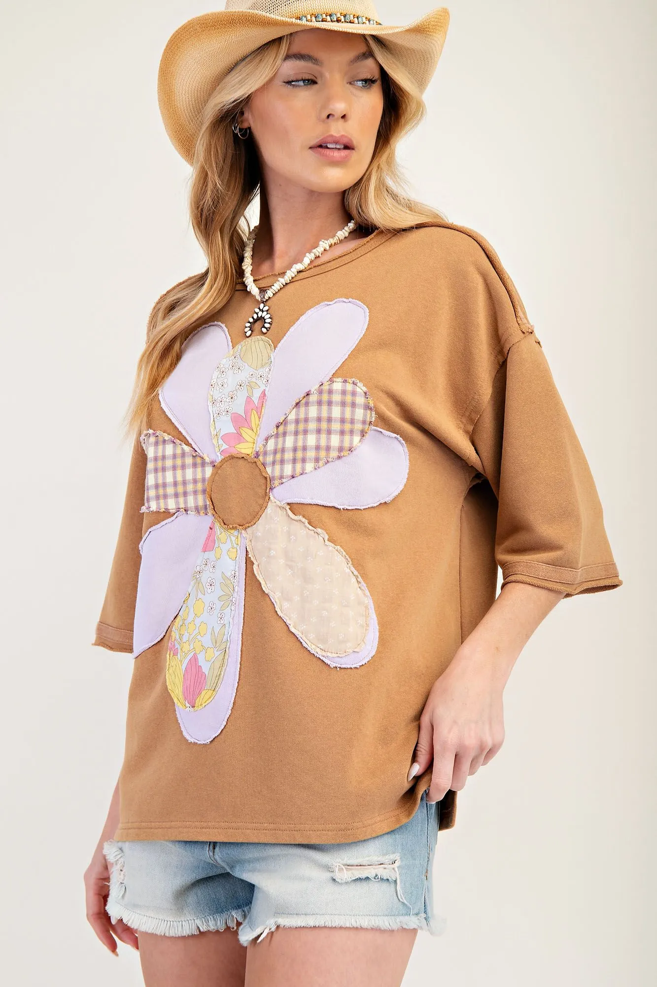 Almond Brown Flower Patch Mineral Washed Knit Top