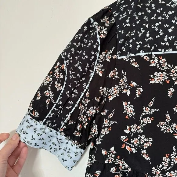 Ann Taylor Black Floral Mid Length Puff Sleeve Modest Casual Dress