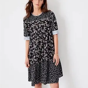 Ann Taylor Black Floral Mid Length Puff Sleeve Modest Casual Dress