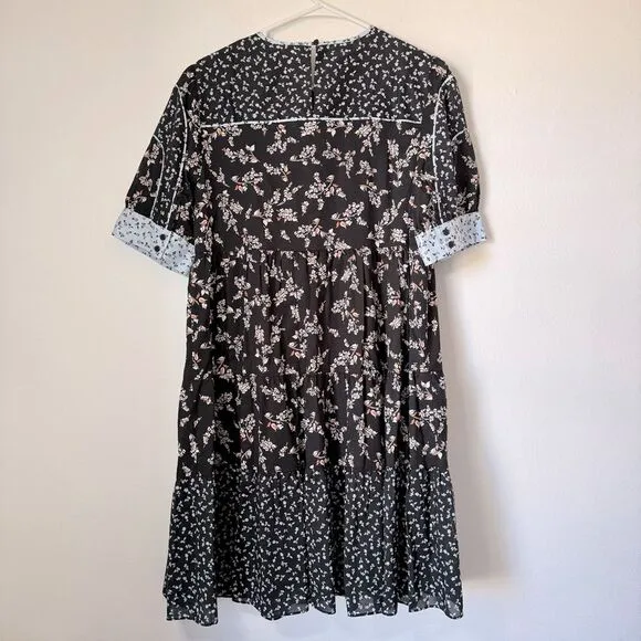 Ann Taylor Black Floral Mid Length Puff Sleeve Modest Casual Dress