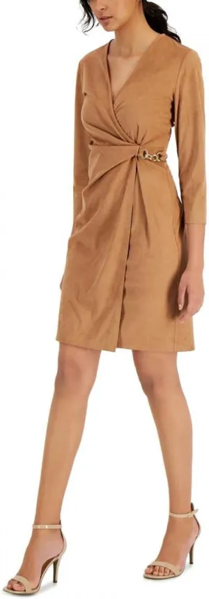 Anne Klein Womens Faux Suede Knee Length Wrap Dress 10849273 Vicuna Brown L