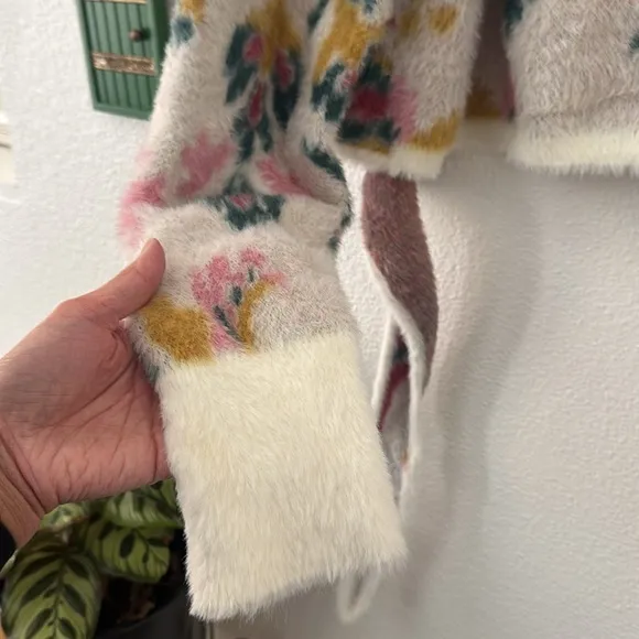 Anthropologie Daily Practice Floral Open Tie Back Fuzzy Soft Sweater Medium