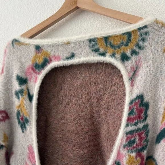 Anthropologie Daily Practice Floral Open Tie Back Fuzzy Soft Sweater Medium