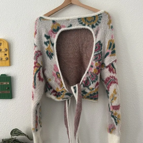 Anthropologie Daily Practice Floral Open Tie Back Fuzzy Soft Sweater Medium