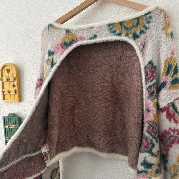 Anthropologie Daily Practice Floral Open Tie Back Fuzzy Soft Sweater Medium