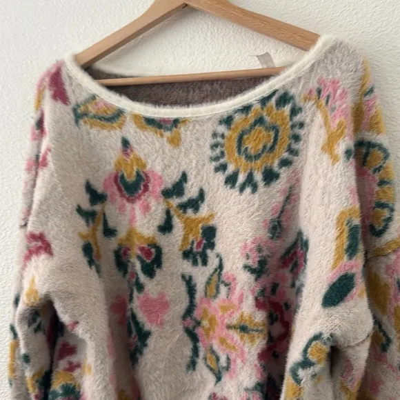 Anthropologie Daily Practice Floral Open Tie Back Fuzzy Soft Sweater Medium