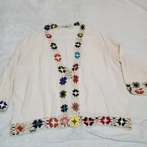 Anthropologie Kindred Cream Boho Bohemian Crochet Tied Cardigan Plus Size 2x