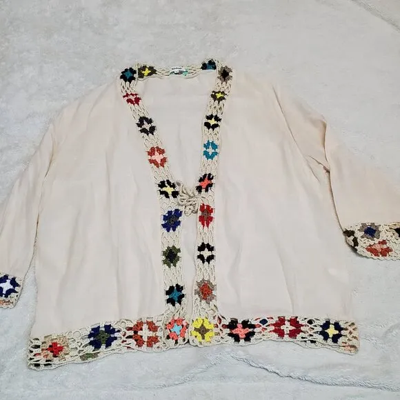 Anthropologie Kindred Cream Boho Bohemian Crochet Tied Cardigan Plus Size 2x
