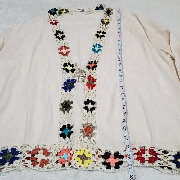 Anthropologie Kindred Cream Boho Bohemian Crochet Tied Cardigan Plus Size 2x