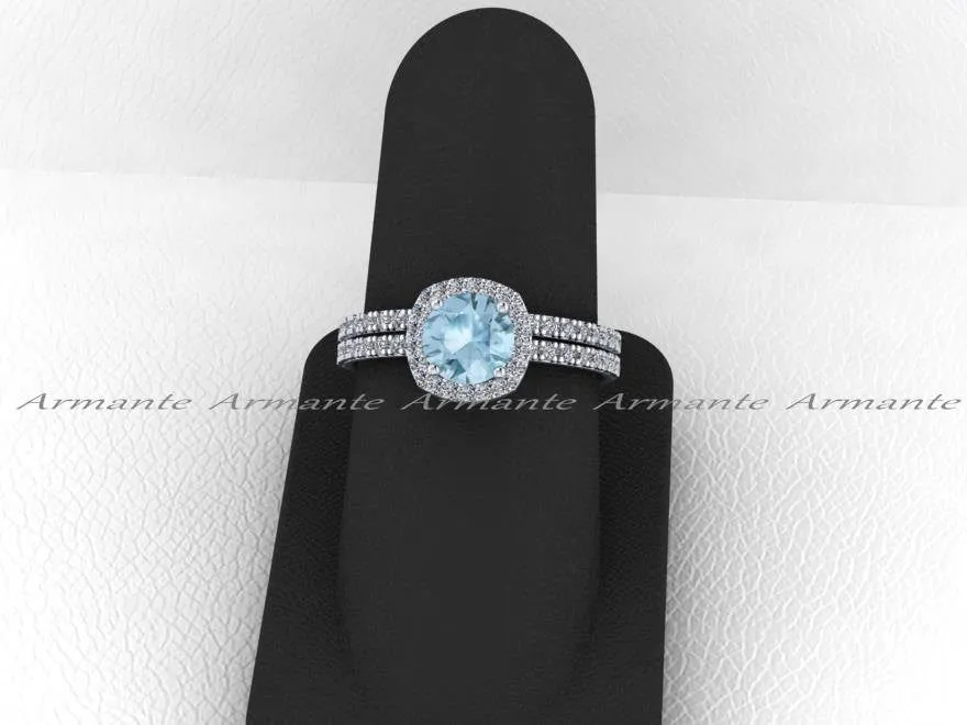 Aquamarine and White Sapphire Bridal Set, 14K White Gold