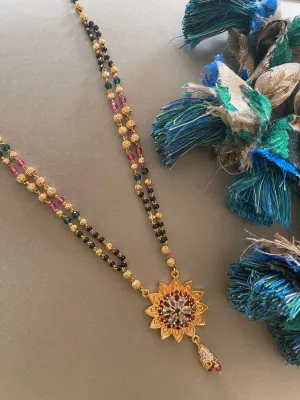 Artificial Short American Diamond Mangalsutra Designs Flower Pendant 2 Line Gold/Black Beads Chain