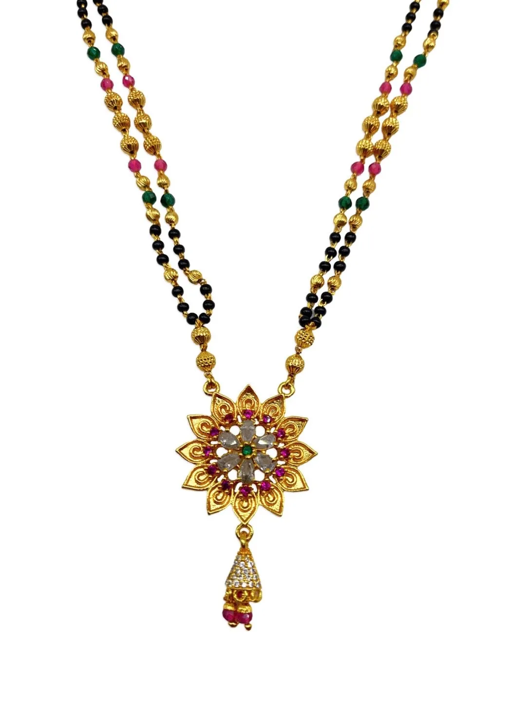Artificial Short American Diamond Mangalsutra Designs Flower Pendant 2 Line Gold/Black Beads Chain