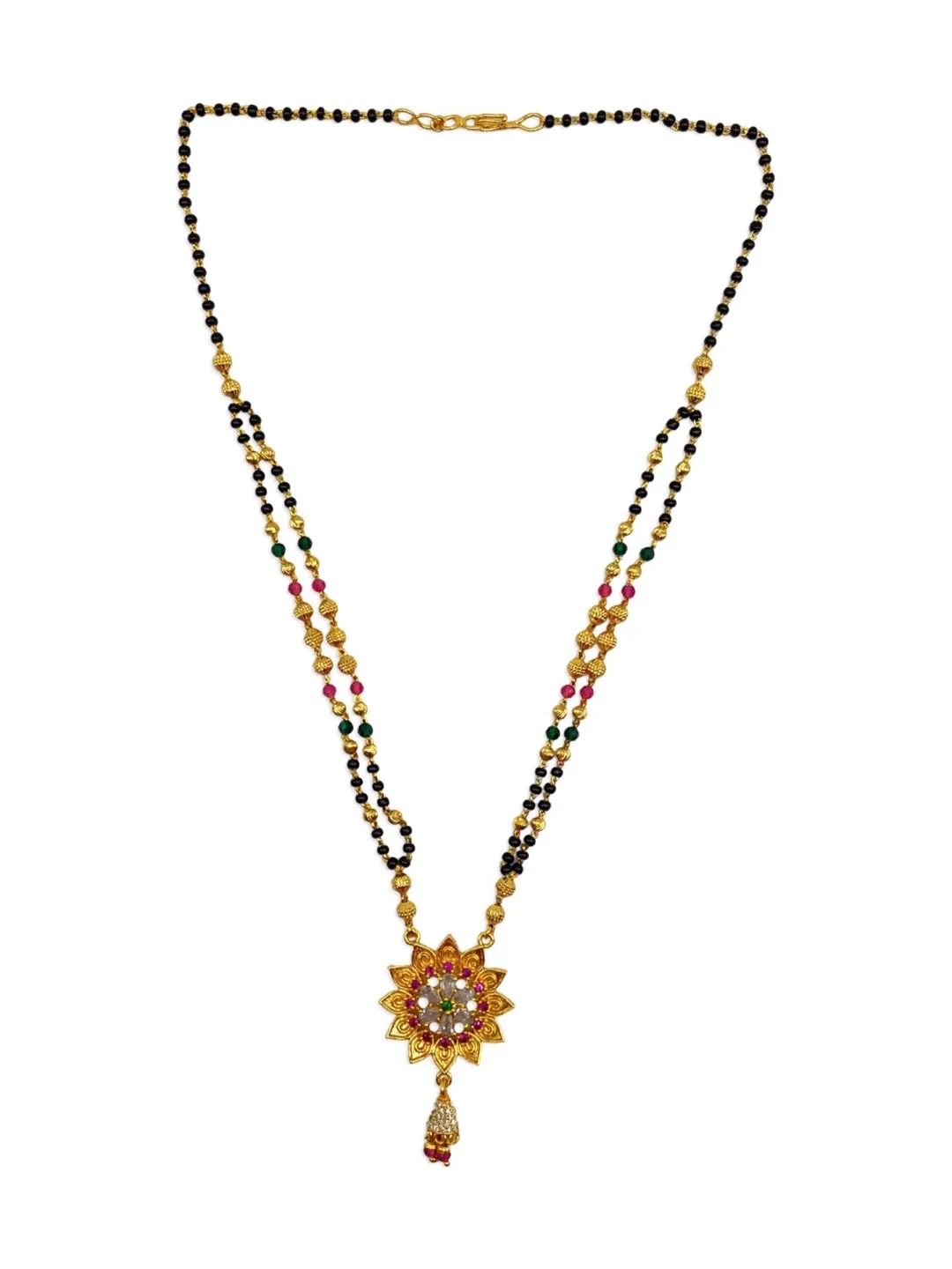 Artificial Short American Diamond Mangalsutra Designs Flower Pendant 2 Line Gold/Black Beads Chain