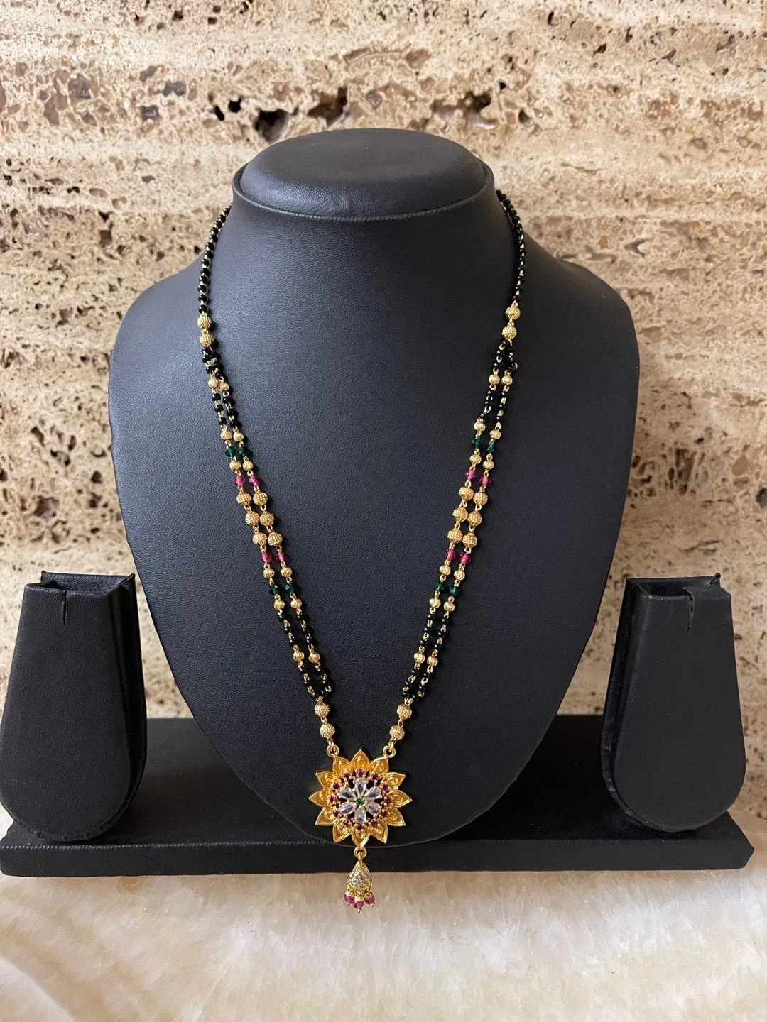 Artificial Short American Diamond Mangalsutra Designs Flower Pendant 2 Line Gold/Black Beads Chain