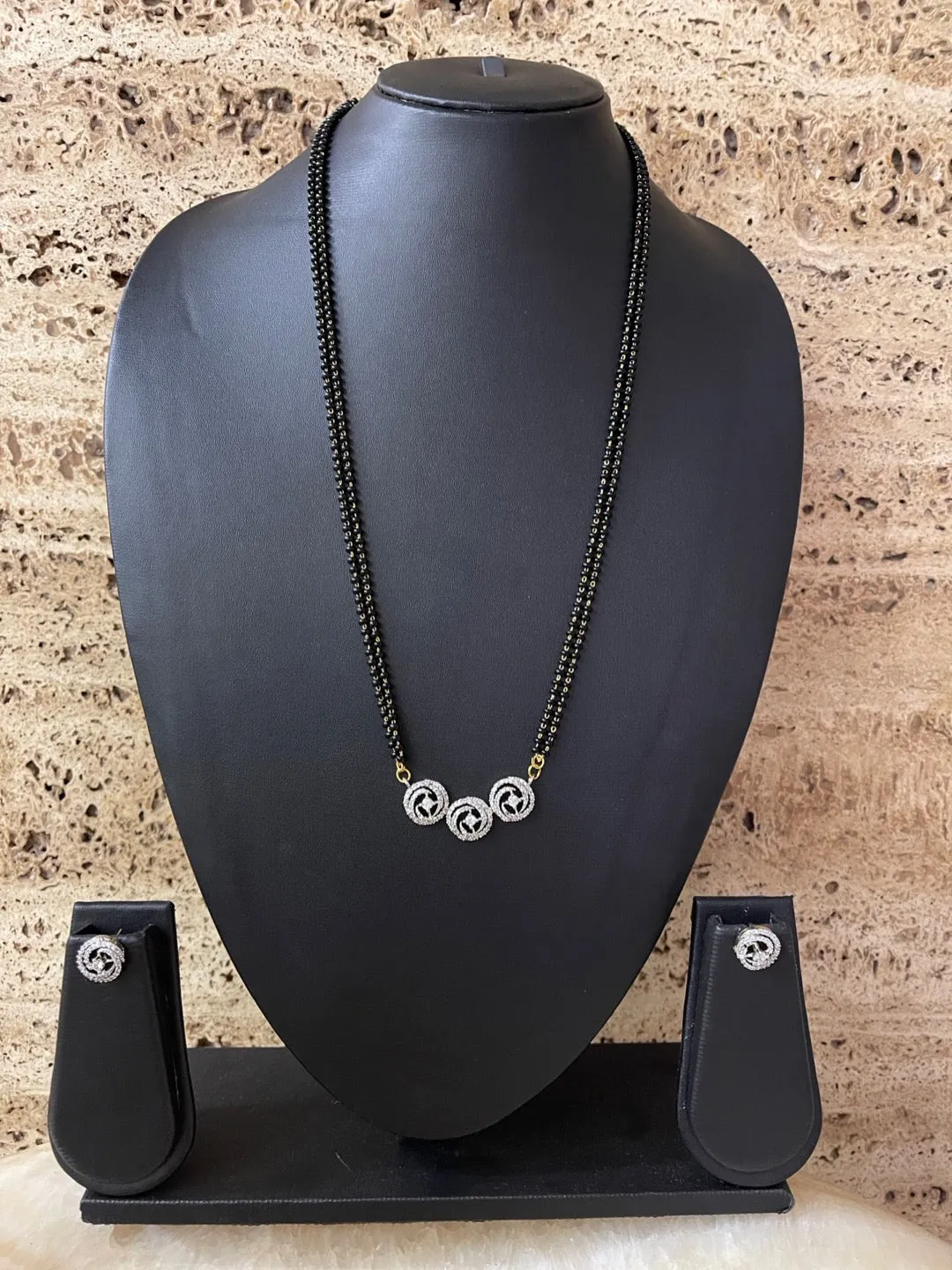 Artificial Short American Diamond Mangalsutra Set Simple Trendy 2 Line Black Beads Chain