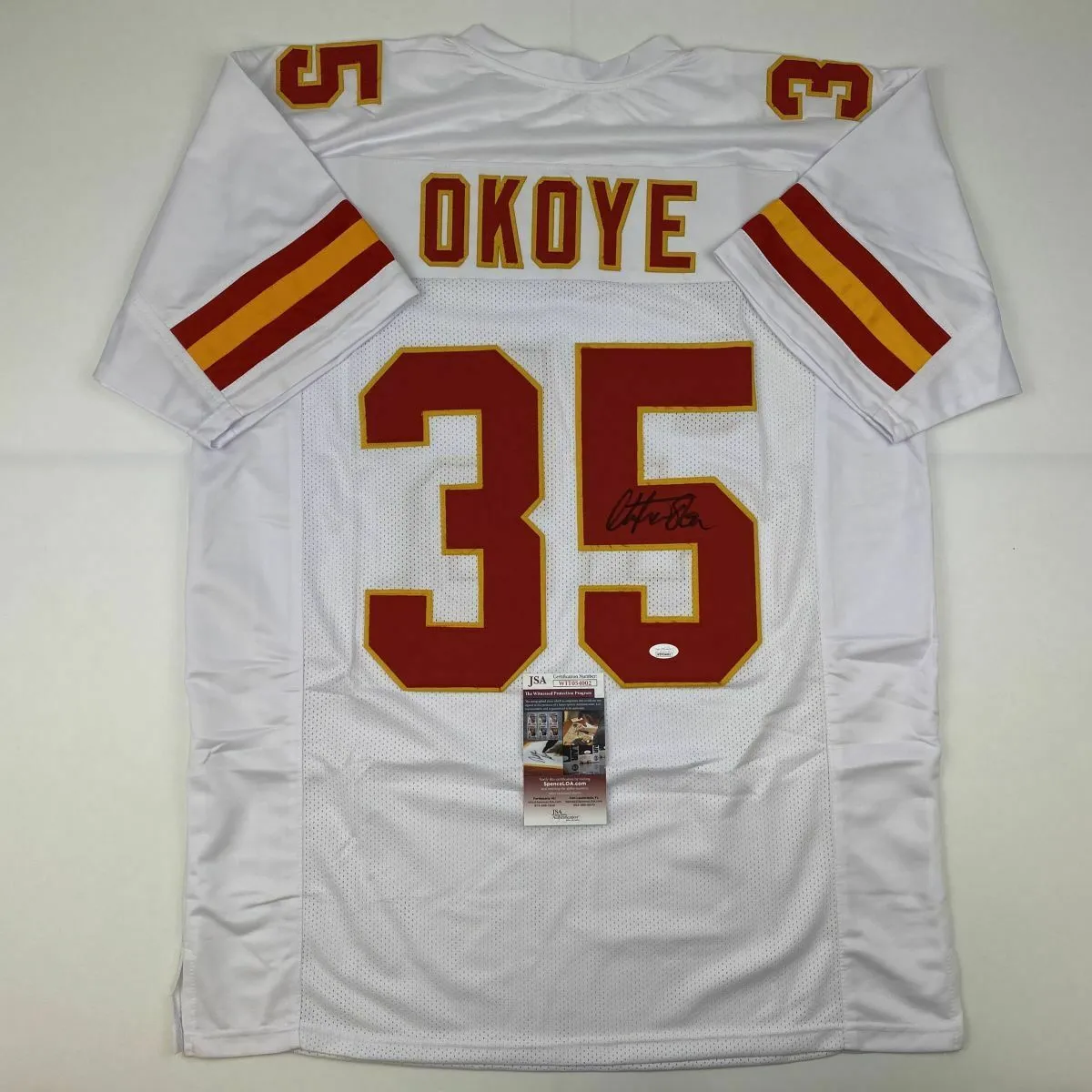 Autographed/Signed CHRISTIAN OKOYE Kansas City White Football Jersey JSA COA