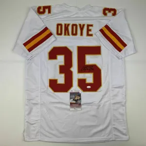 Autographed/Signed CHRISTIAN OKOYE Kansas City White Football Jersey JSA COA