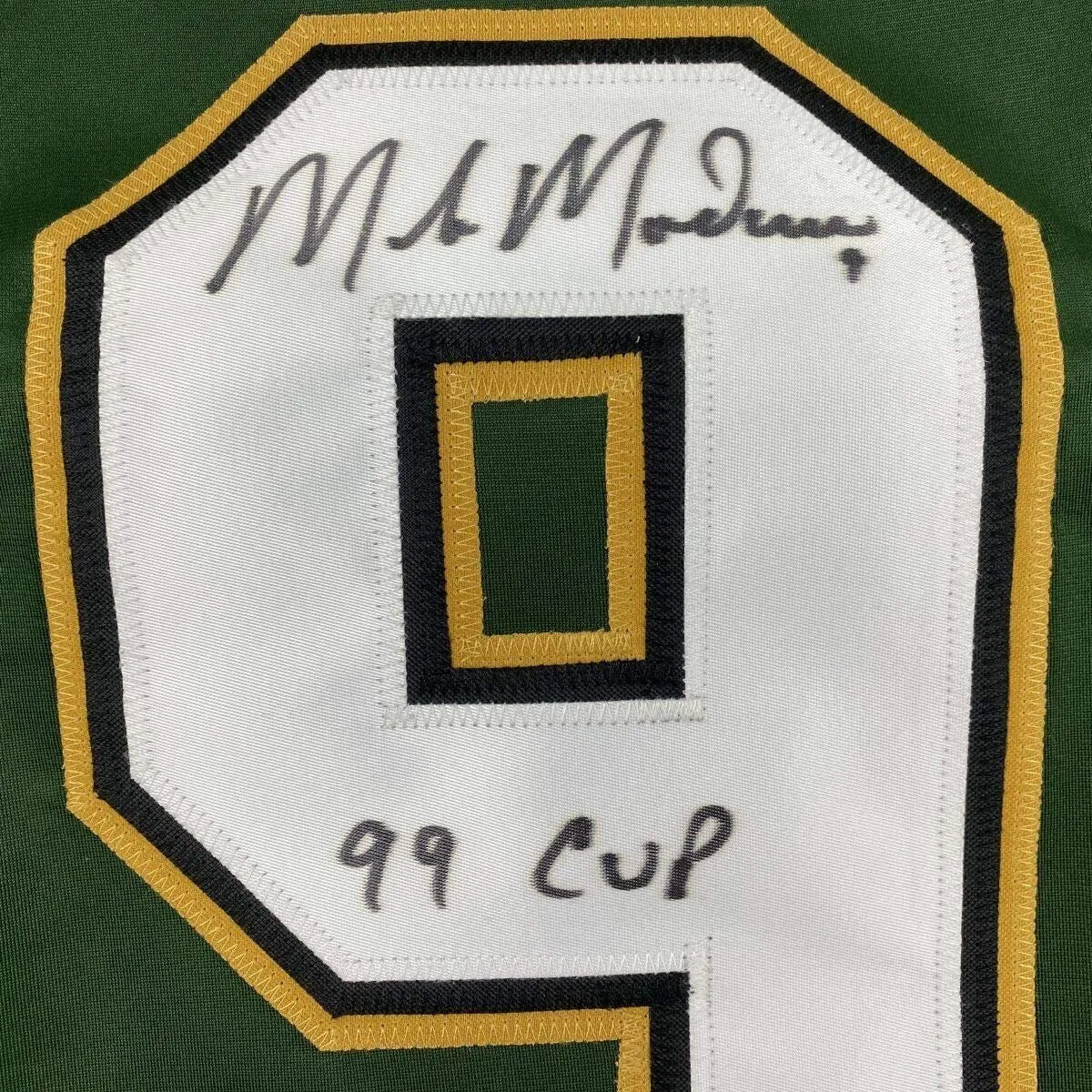 Autographed/Signed Mike Modano 99 Cup Dallas Dark Green Jersey Beckett BAS COA