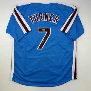 Autographed/Signed Trea Turner Philadelphia Blue Retro Jersey Beckett BAS COA
