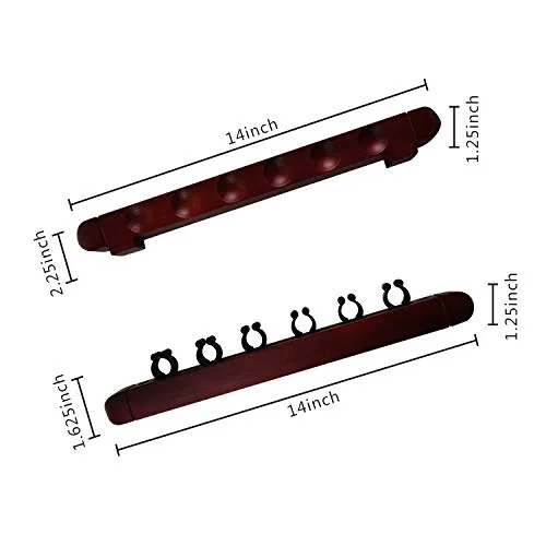 BALIKEN 2-Piece Billiard Pool Wall Mount Holds 6 Cue Sticks Solid Natural Wood Rack